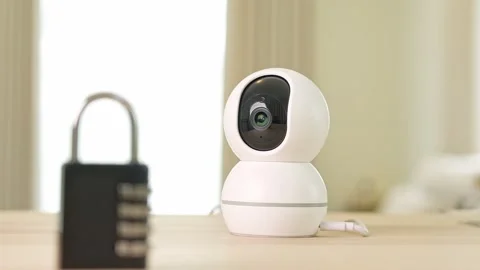 A home security camera beside a coded padlock. Stock Footage 317599806