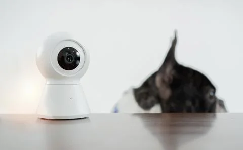 Home security camera on the table with blurred of dog climbs up on the table Stock Photos