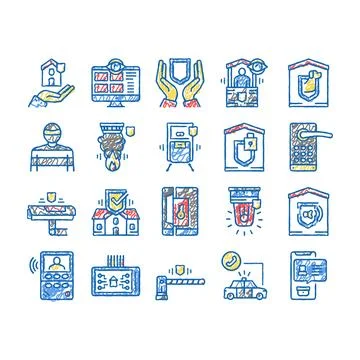 Home Security Device set Icons hand drawn イラスト素材