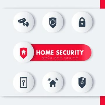 Home security icons set, cctv, shield, key, house security mobile app, vector Stockillustratie