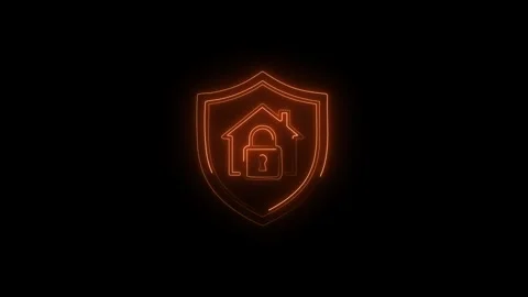 Home security neon shield icon animation glowing orange against dark black .. Stockbeeldmateriaal 338253428