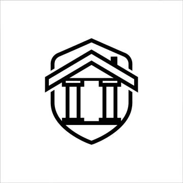 Home security shield icon featuring bank house pillar roof. Stock-Illustration