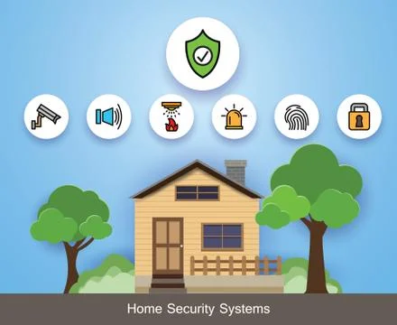 Home security system, icon set, with burglar alarms, home surveillance camera イラスト素材