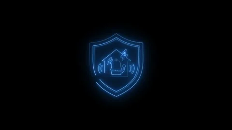 Home security system neon icon animation glowing blue shield with house and.. Stock Footage 338159879