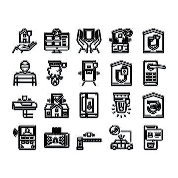 Home security system protecting smart house icons Stock Illustration