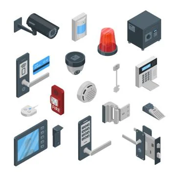 Home security systems vector 3d isometric icons and design elements. Smart te Illustrazione stock