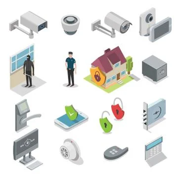 Home security vector isometric icon set Stock Illustration