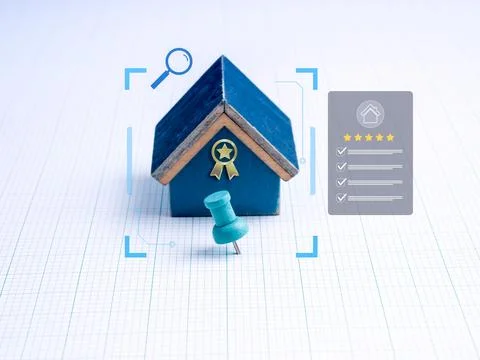 Home selection and property value concept with wooden house, checklist, and.. Stock Photos
