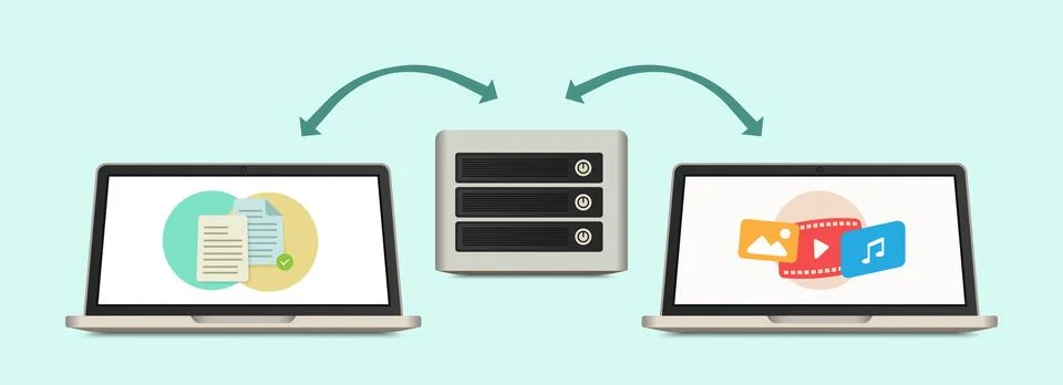Home server data transfer with two laptops sharing multimedia and documents 库存插图