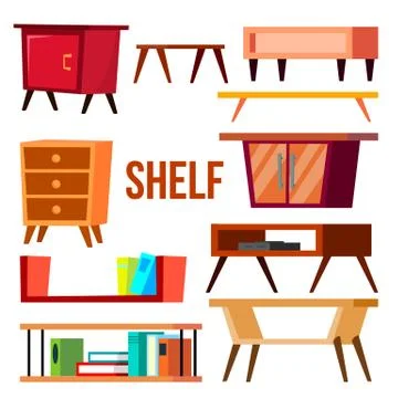 Home Shelf Set Vector. Interior Furniture Objects. Wooden Storage. Isolated 스톡 일러스트