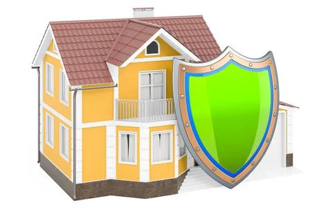 Home with shield. 3D rendering Ilustración de archivo