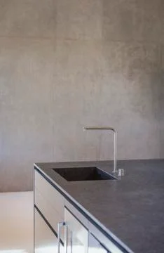 Home showcase interior simple, modern kitchen sink Stock Photos