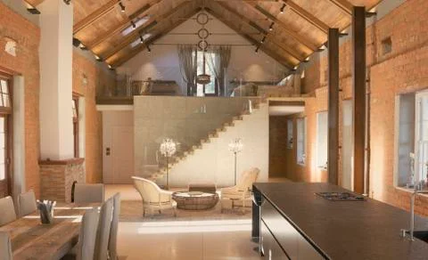 Home showcase interior with vaulted ceiling and loft Stock Photos