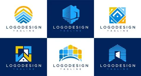 Home solar logo design set. Glass house logo branding. Stock Illustration