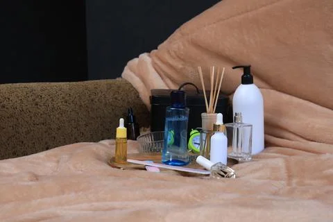 Home spa essentials arranged on a soft blanket for relaxation and self-care Stock Photos