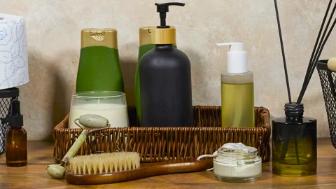 Home Spa Essentials On Bathroom Shelf With Towels, Oils, Pump Bottle, Diffuser S Stock Footage 327730937