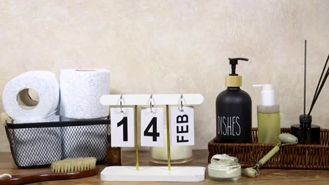 Home Spa Essentials On Bathroom Shelf With Towels, Oils, Pump Bottle, Diffuser S Stock Footage 327860778
