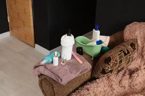 Home spa essentials laid out on soft towels for a relaxing self-care routine Stock Photos