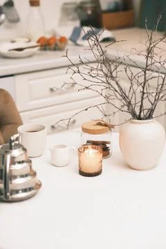 Home spring interior in kitchen - dinning table with vase with bare fresh Stock Photos