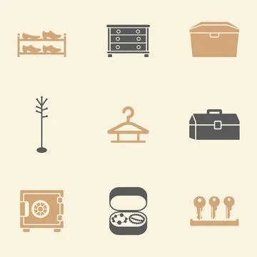 Home Storage and Organization Items Icons Set. Illustrazione stock