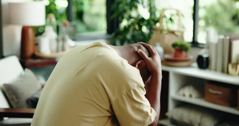 Home, stress and back of black man with reflection, decision and sad with mental Stock Footage 323436747