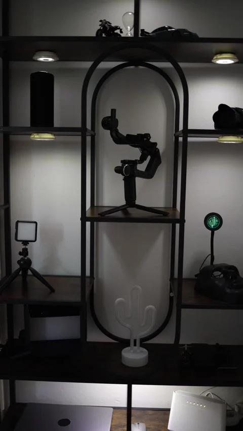 Home studio equipment display shelf Stock Footage 336927553