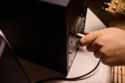 Home studio sound system adjustment, Decking speaker connections in recording Stock Photos