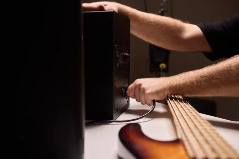Home studio sound system adjustment, Decking speaker connections in recording Stock Photos