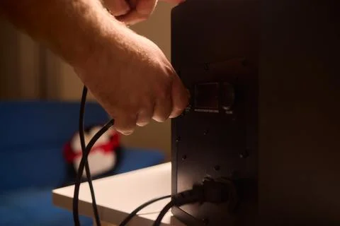 Home studio sound system adjustment, Decking speaker connections in recording Stock Photos