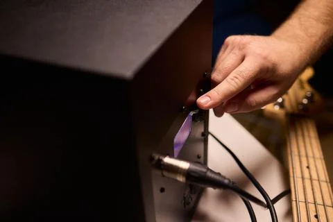 Home studio sound system adjustment, Decking speaker connections in recording Stock Photos