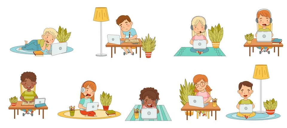 Home Study and Distance Learning with Children In Front of Laptop and Tablet PC Illustrazione stock