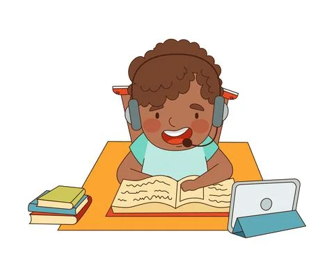 Home Study and Distance Learning with African American Boy In Front of Tablet PC Stock Illustration