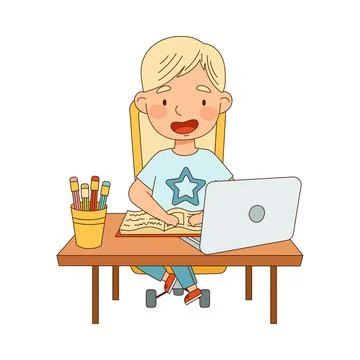Home Study and Distance Learning with Blond Boy In Front of Laptop Training and Illustrazione stock