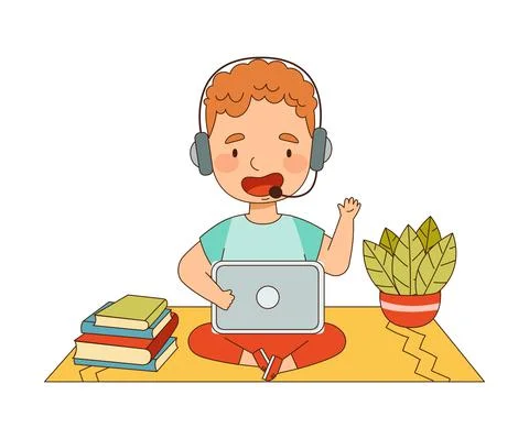 Home Study and Distance Learning with Redhead Boy with Headphones In Front of イラスト素材