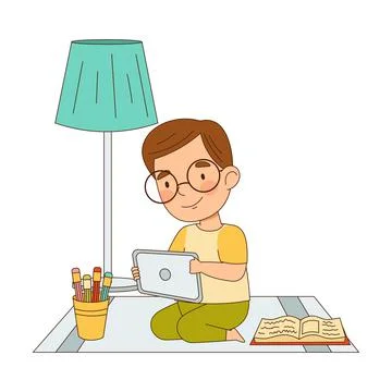 Home Study and Distance Learning with Cute Boy In Front of Tablet PC Training イラスト素材
