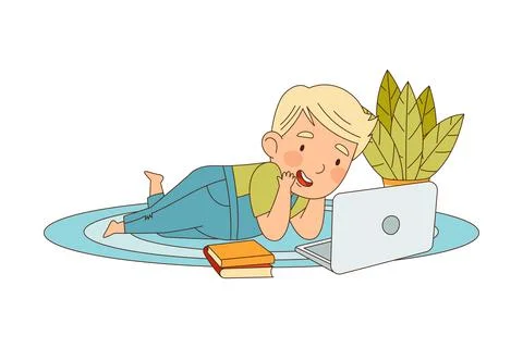 Home Study and Distance Learning with Blond Boy In Front of Laptop Training and Illustrazione stock