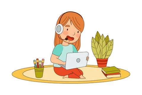 Home Study and Distance Learning with Redhead Girl with Headphones In Front of Illustrazione stock