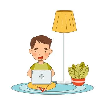 Home Study and Distance Learning with Boy In Front of Laptop Training and Doing Illustrazione stock