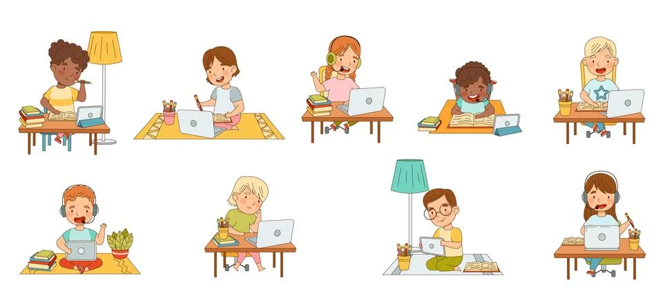 Home Study and Distance Learning with Children In Front of Laptop and Tablet PC Ilustração Stock