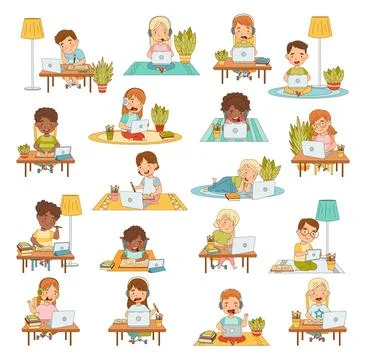 Home Study and Distance Learning with Children In Front of Laptop and Tablet PC Ilustração Stock