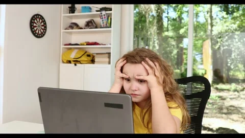 Home study for child. Kid studying on laptop e-learning. Teen student study Stock Footage 317367741