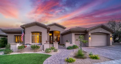 A home at sunset Foto stock