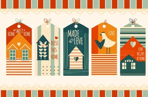Home sweet home. Set of cute tag in retro style. Collection of vintage labe.. Stock Illustration