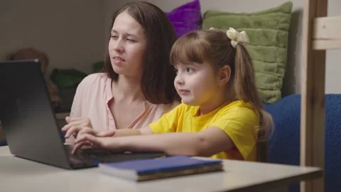 Home teacher with child work computer. happy family. teamwork. modern child Video stock 177996782