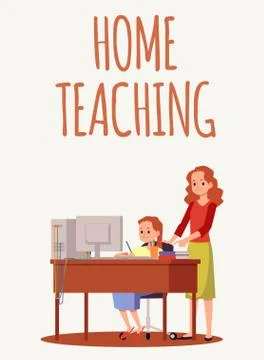 Home teaching and e-learning banner or poster design flat vector illustration. Stock Illustration