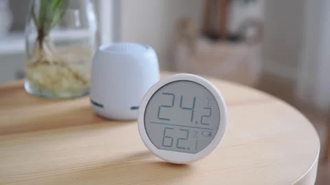 Home temperature and humidity display on table Stock Footage 343358483