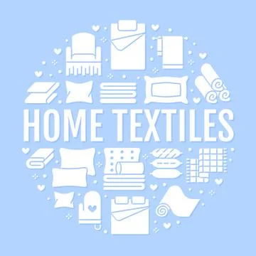 Home textiles circle template with flat glyph icons. Bedding, bedroom linen Stock-Illustration