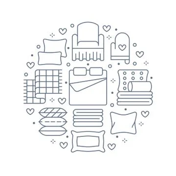 Home textiles circle template with flat line icons. Bedding, bedroom linen Stock Illustration