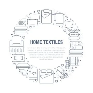 Home textiles circle template with flat line icons. Bedding, bedroom linen Stock Illustration