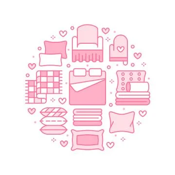 Home textiles circle template with flat line icons. Bedding, bedroom linen Stock-Illustration